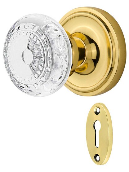 Classic Rosette Mortise-Lock Set with Meadows Crystal-Glass Knobs in Polished Brass.